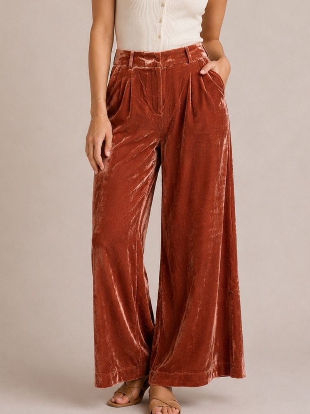 LOFT Wide-Leg Velvet Pants in Rust Brown